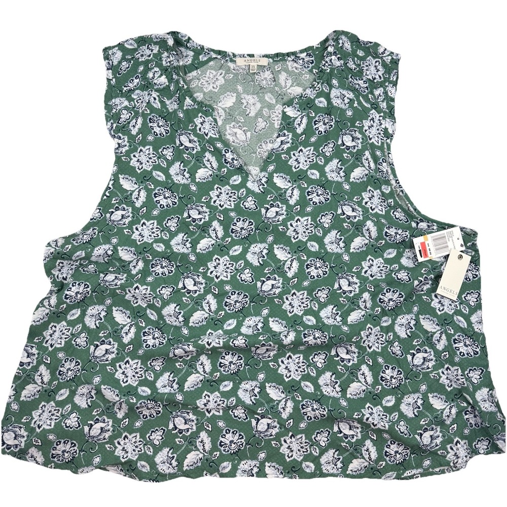 NWT ANGELS Womens Sleeveless V-Neck Tank Top Blouse Shirt Green/Blue Floral - 3X